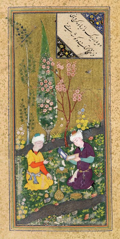 Ms C-860 fol.9a Twee figuren lezen en ontspannen in een boomgaard, ca.1540-50 door Persian School